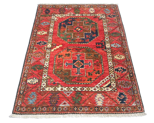 3x4 Red Ersari Afghan Hand Knotted Veg Dye Wool Area Rug